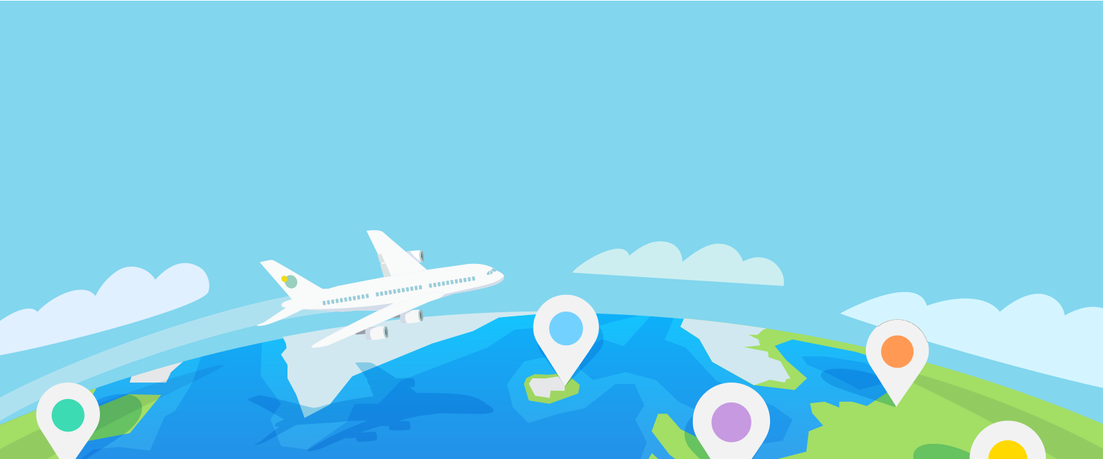cartoon airplane flying over world with stops highlighted